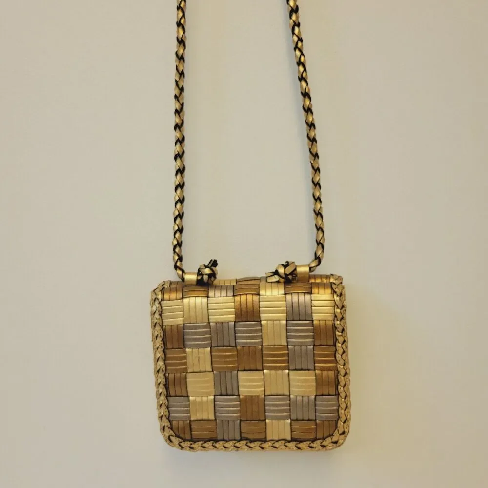 CEM Woven Leather Metallic Crossbody Bag Gold Bronze Small Braided Strap Vintage